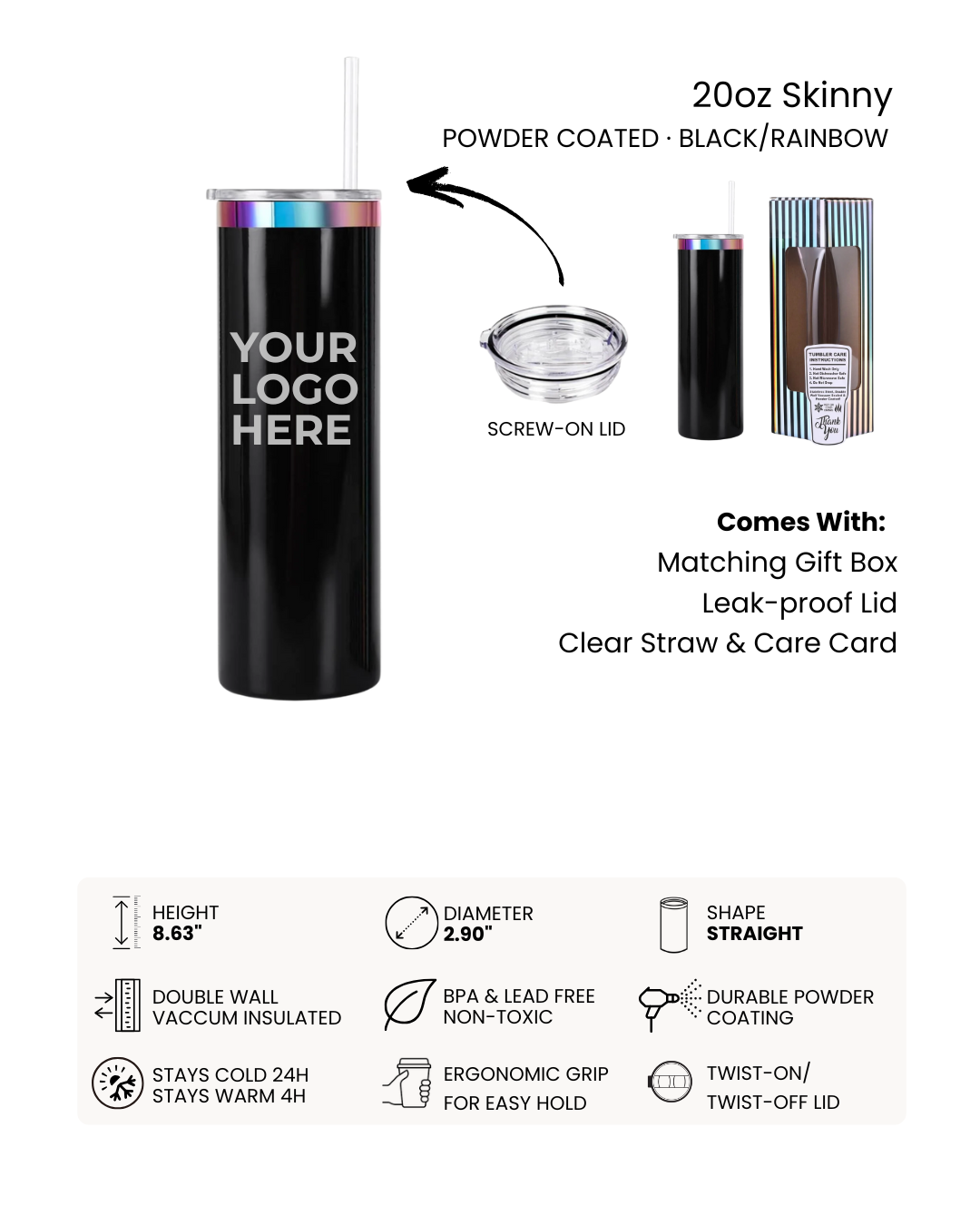 20oz Skinny Rainbow Tumbler - Laser Engraved